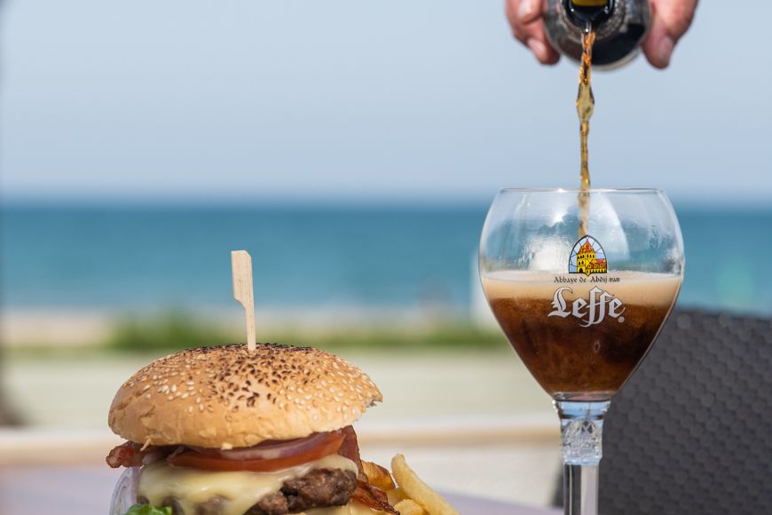 Burger and beer in restaurant